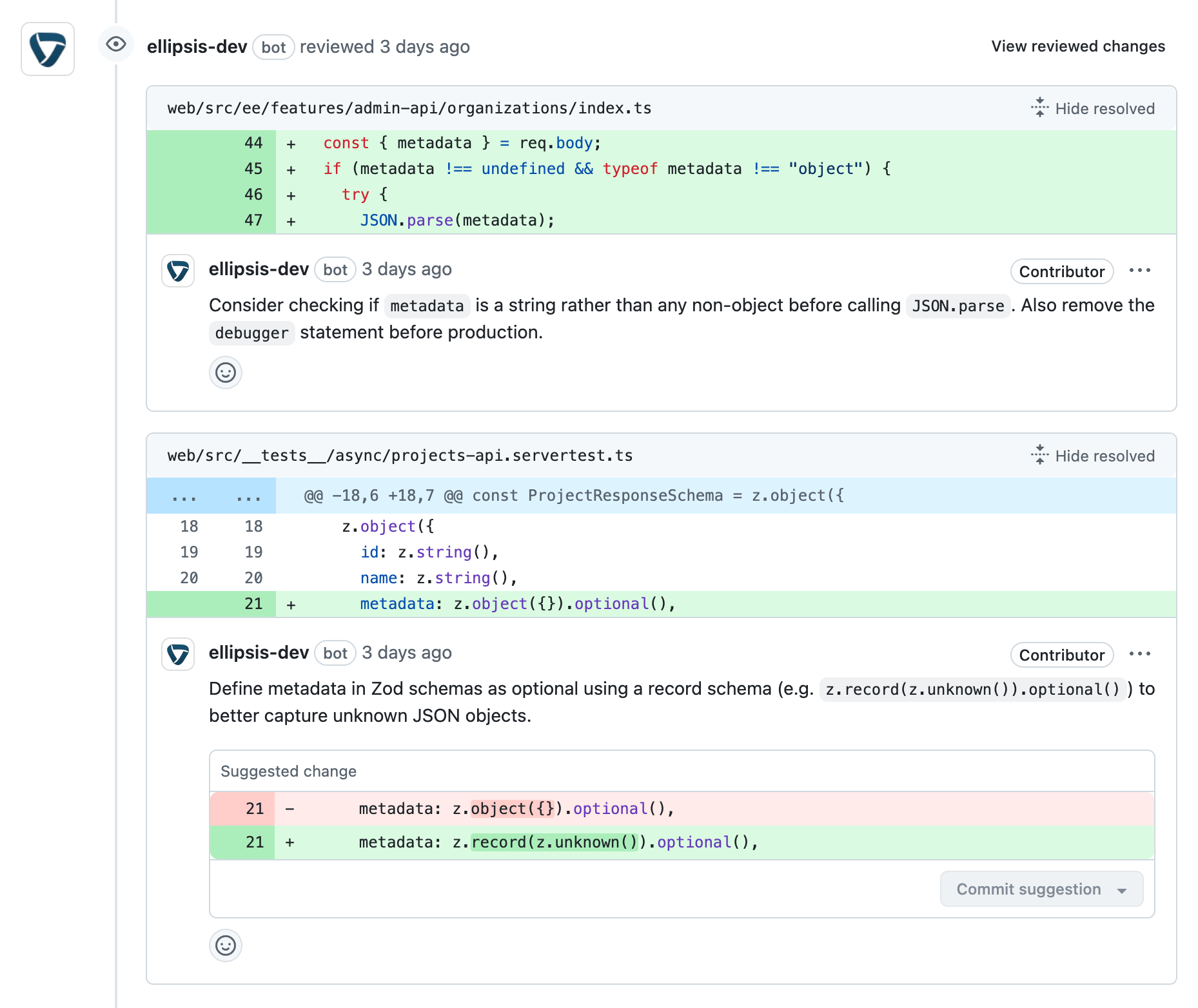 Example review comments on a PR created by Ellipsis