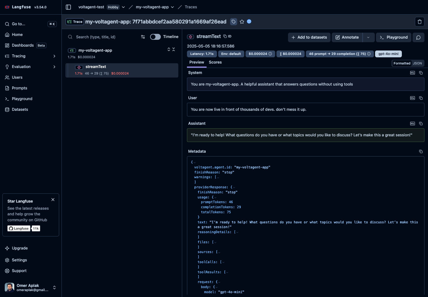 VoltAgent trace in Langfuse UI