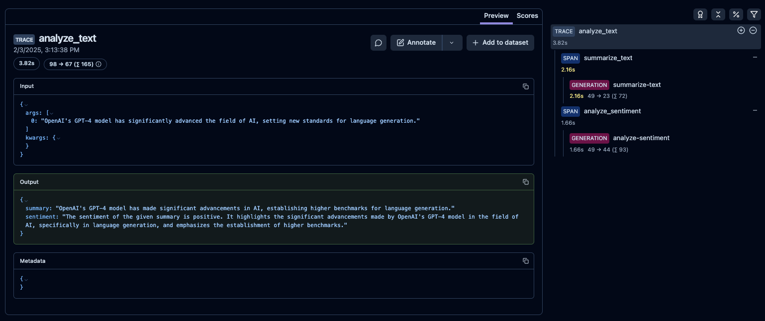 Example trace in Langfuse