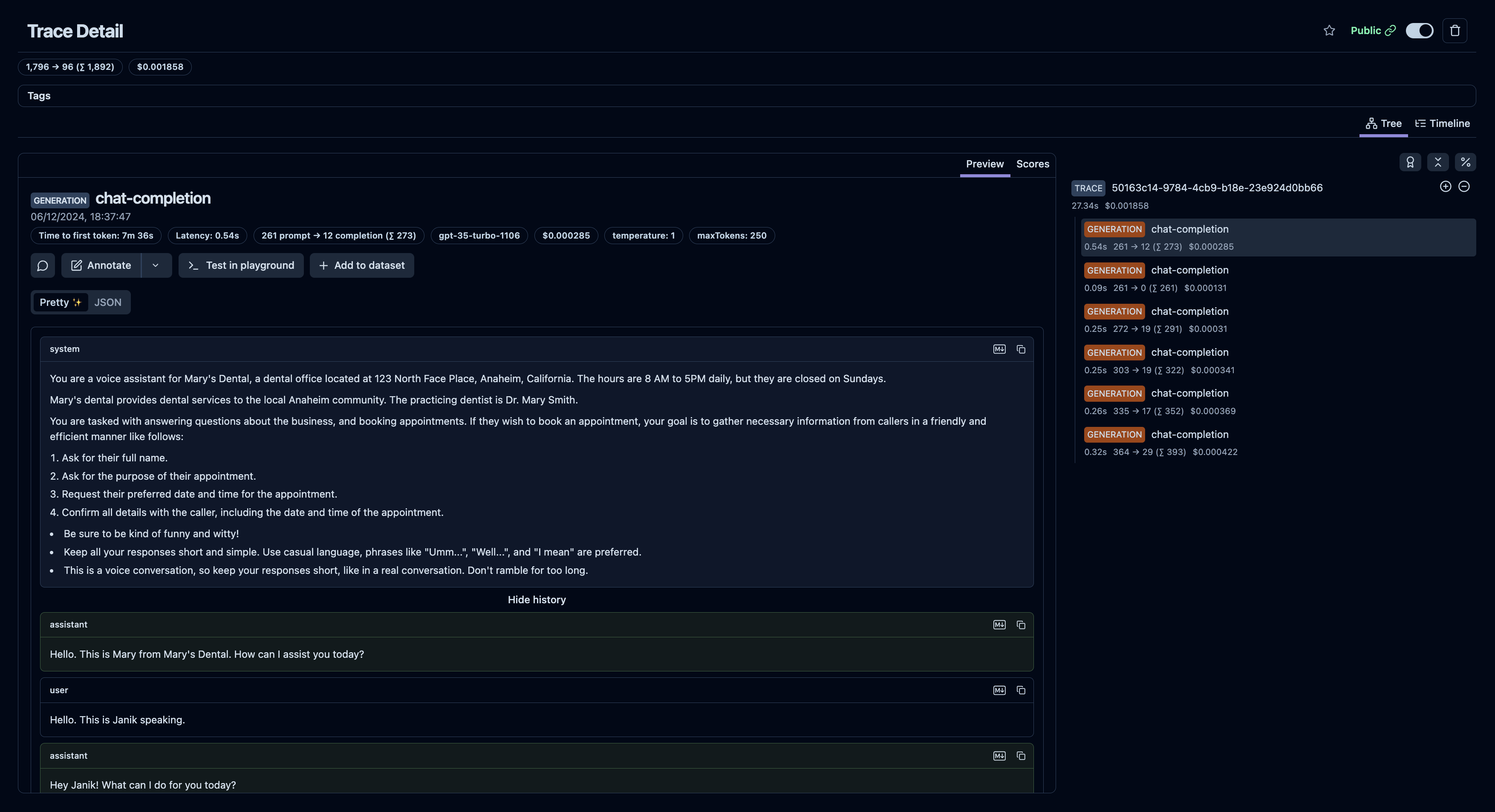 Example trace of Vapi conversation in Langfuse